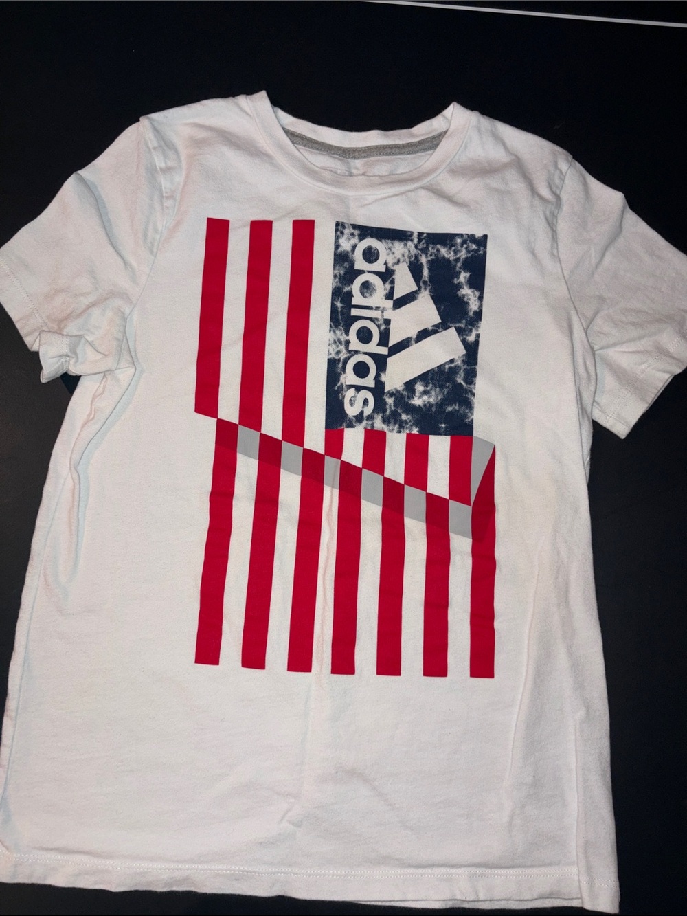 adidas White Short Sleeve Tee with Red Stripes & Blue Logo Panel